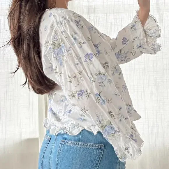 RARE Vintage 1980s Laura Ashley Blouse Floral Lace Size Small Ruffle Sleeves - Picture 2 of 7